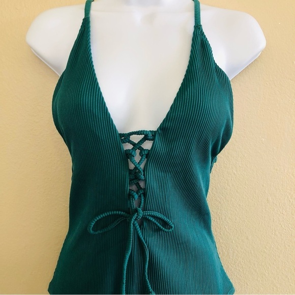 Cupshe Women's Green Plunge V Neck Lace-Up Ribbed One Piece Swimsuit Size L - Picture 3 of 9